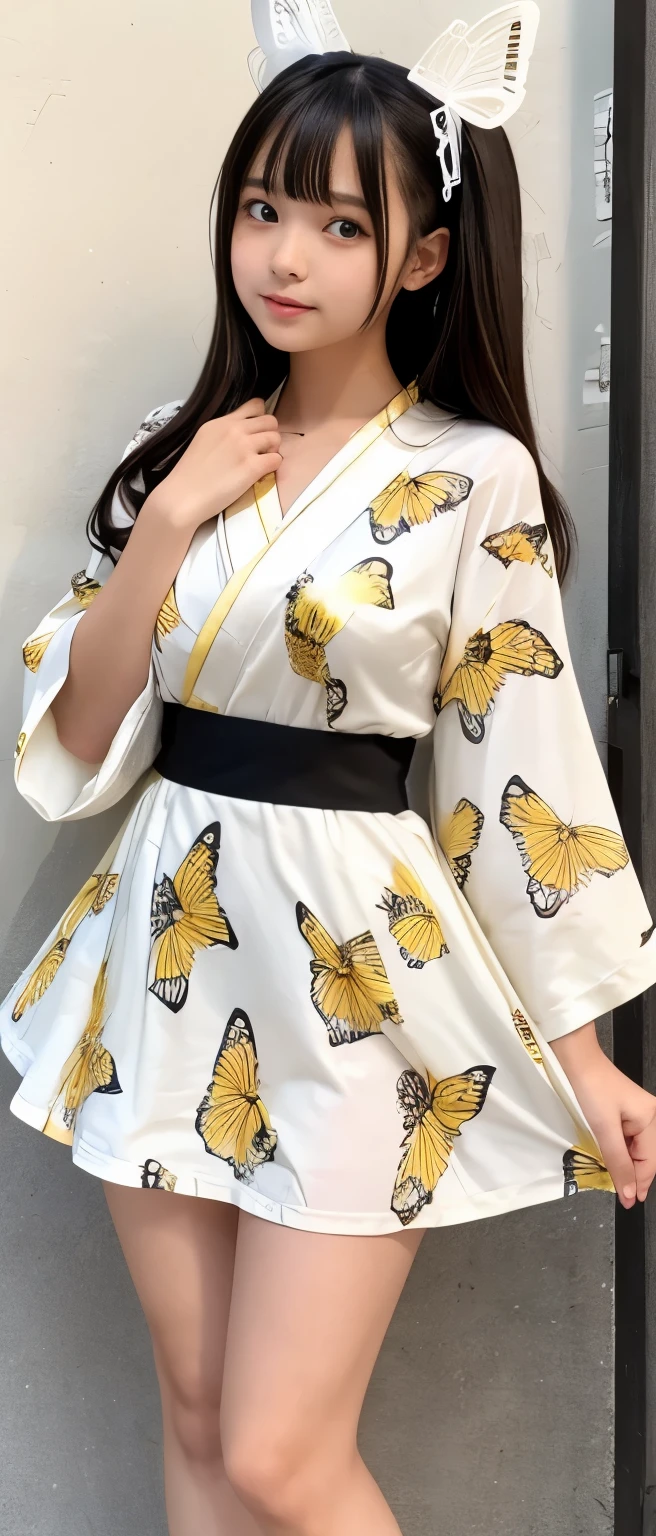 Cute  Idol Girl、whole body、Good style、、、、、、、、、、Thick legs、Butterfly pattern kimono dress（、gold、black、white）、、Cool girl face、、