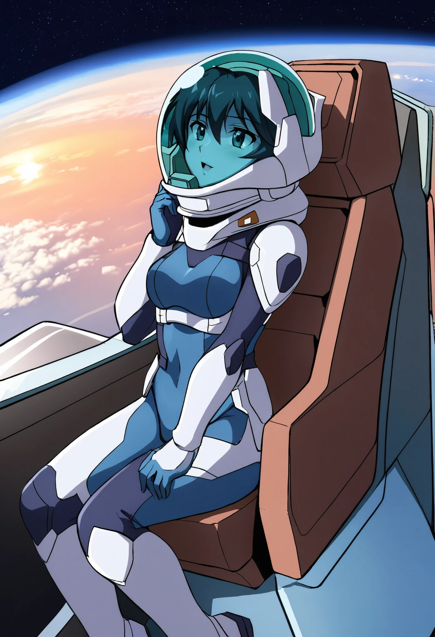 ((Female pilot in the cockpit of a reconnaissance plane), (airplane cockpit), (in flight), (10000 feet altitude)、(sky view):1.7),, short hair, street, emo, BLACK hair, white eyes, eyeliner, apocalypse, girl, nside the (cockpit:1.9) of a (futuristic spaceship:1.6), , blush,sitting on a chair, covered navel, space helmet, muvluv, space helm, plug suit , space helmet, eva helm, space suit, short hair, from side, blue bodysuit, full body