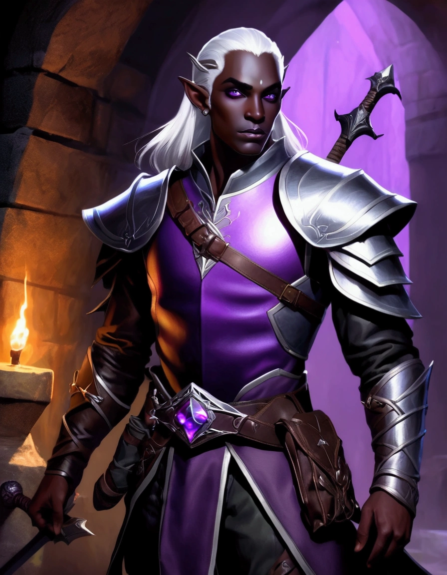 (Drow Elf Male)(Night black skin, dark leather armor, adventuring sacks and pouches, violet eyes, silver hair, magical bag on hip, one handed bow, sword in scabbard) look of contempt on his face, posing in a dungeon, viewer is not a worthy foe