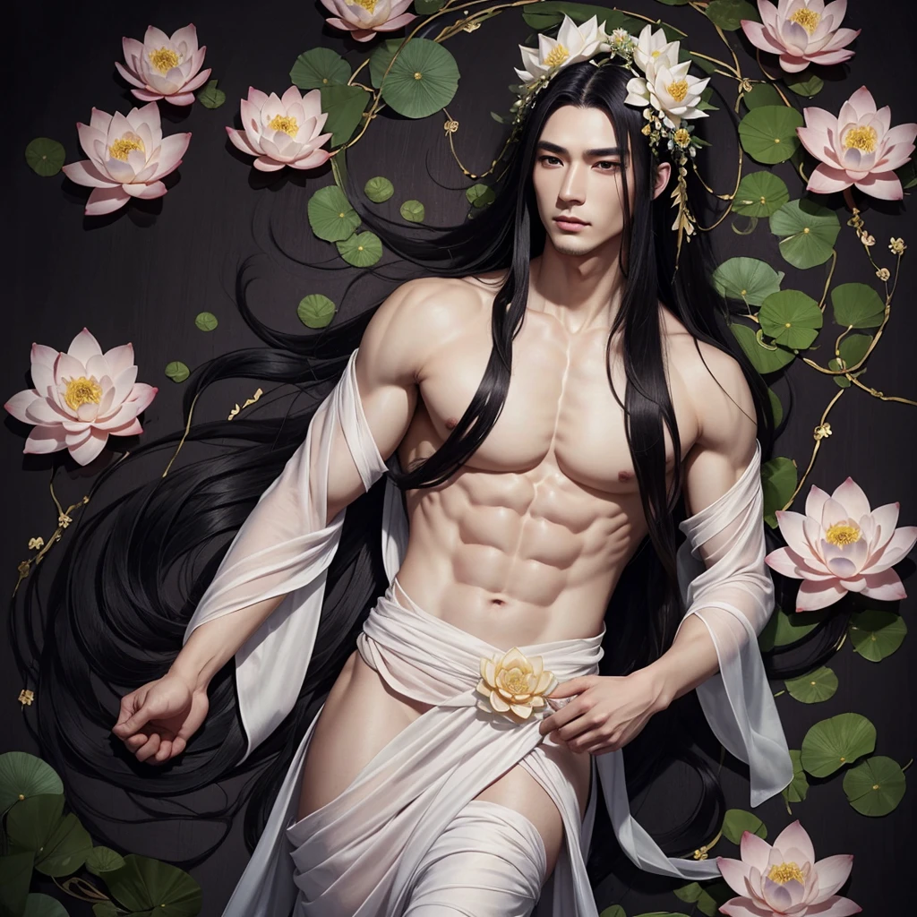 A plant god, male, beautiful, elegant, long silky black hair, tall, muscular, revealing loose hanfu, covered in flowers and vines, large lotus flower on head, manly, pale skin, delicate features, NSFW, realism