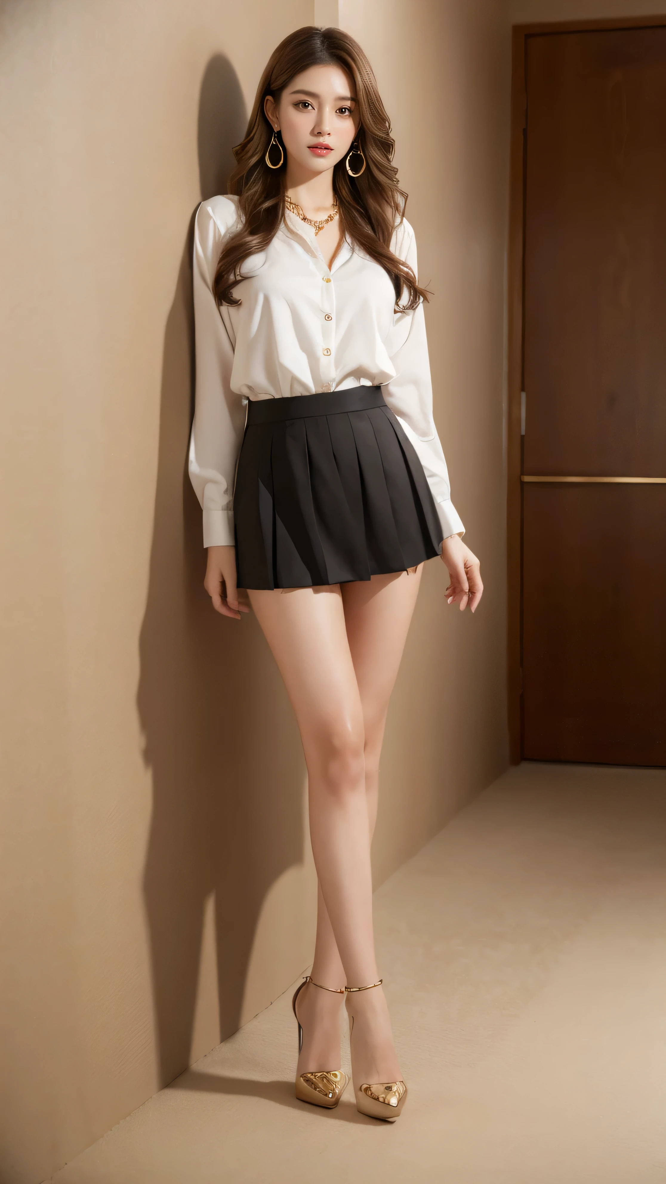 Highest quality,masterpiece,Ultra-high resolution,(Actual:1.4),Original photo,Ultra-high resolution，8k，There are women，Fair skin，Exquisite makeup，High heels，Long legs，Bright and beautiful woman、gold necklace＿Large earrings、Super long brown hair,Hair with loose waves inside,reaching down to the waist,white long sleeve button up blouse_brown pleated mini skirt
