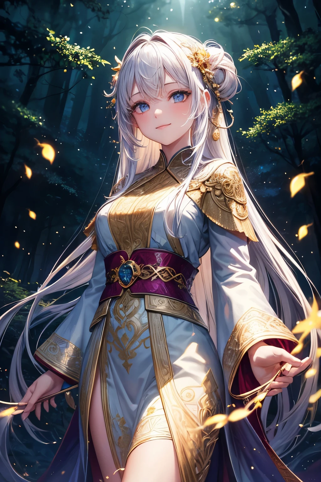 1 girl, ,,simple smile, High-definition images, A woman, Her hair is decorated with glowing fireflies, Eyes sparkle with enchanting light. Wearing a robe woven by moonlight, She is standing in a mysterious forest,The trees become lifelike. on site, Bathe in the ethereal glow of fireflies, captured in the style of a magical forest arTWork., (masterpiece, best quality, official art,intricate details:1.2)