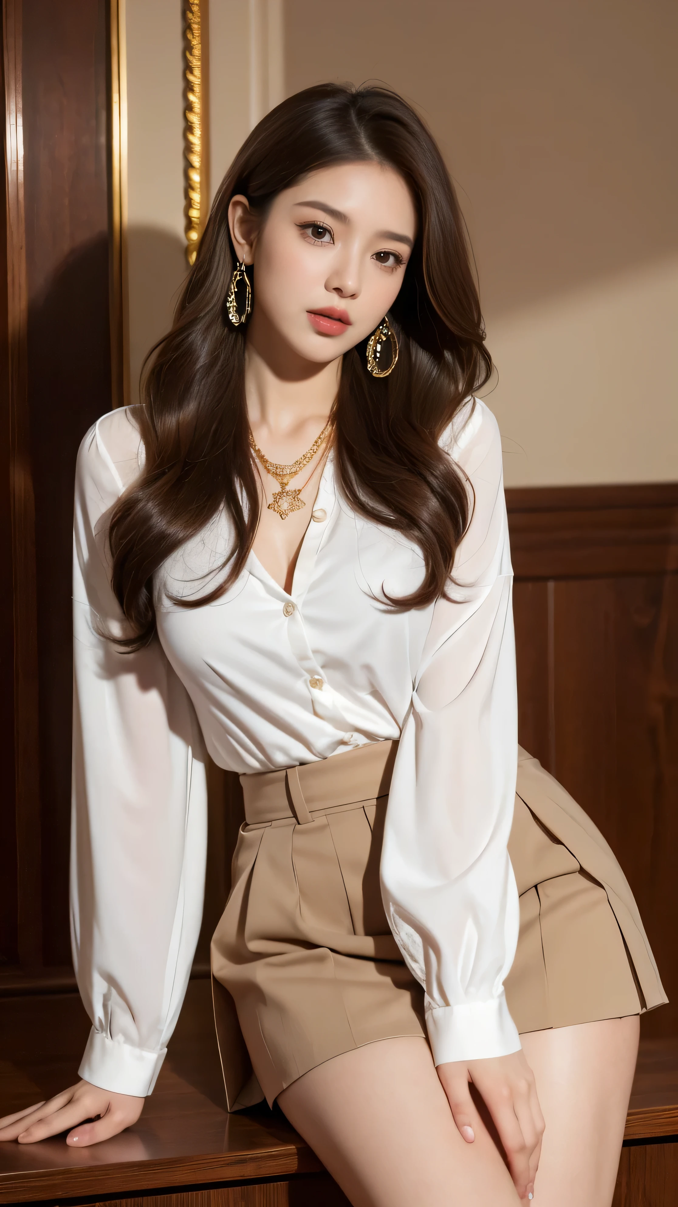 Highest quality,masterpiece,Ultra-high resolution,(Actual:1.4),Original photo,Ultra-high resolution,8k,There are women,Fair skin,Exquisite makeup,High heels,Long legs,Bright and beautiful woman、gold necklace_Large earrings、Super long brown hair,Hair with loose waves inside,reaching down to the waist,white long sleeve button up blouse_brown pleated mini skirt
