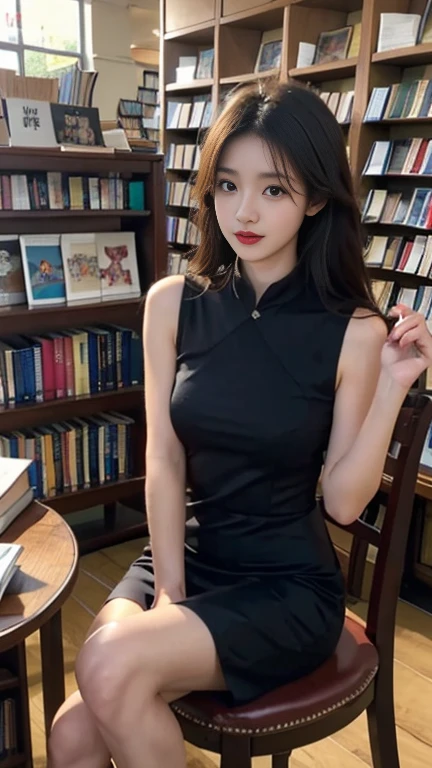 1 Girl,bookshops,sit on the chair,Soft Light,Chinese Beauty,Silk dress,Long hair