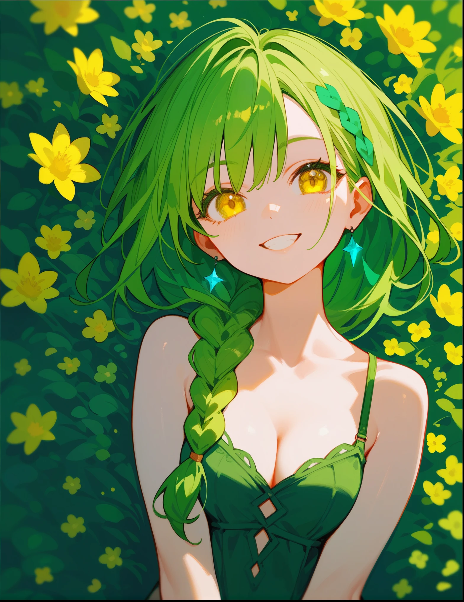 (Best Quality,4k,8K,hight resolution,Masterpiece:1.2), Ultra-detailed, (Realistic,photoRealistic,photo-Realistic:1.37), Cute, Sexy, woman's, arm behind back, green hair, green colored eyes, Clover tattoo, bright colours, soft-lighting, bokeh