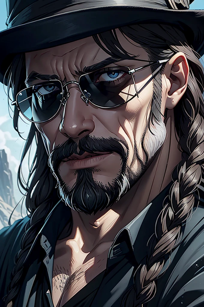 Close-up of a man wearing black sunglasses, No hats., Solomon Kane Hairstyle, Looks like Karl Heisenberg, Epic Fantasy D & Good Hobbit Rogue, After the world ends explorer, Nicodemus, middle aged man, After the world ends, To D & letter D, john, wizard, wise, Dress like a medieval person, Dungeon and Dragon