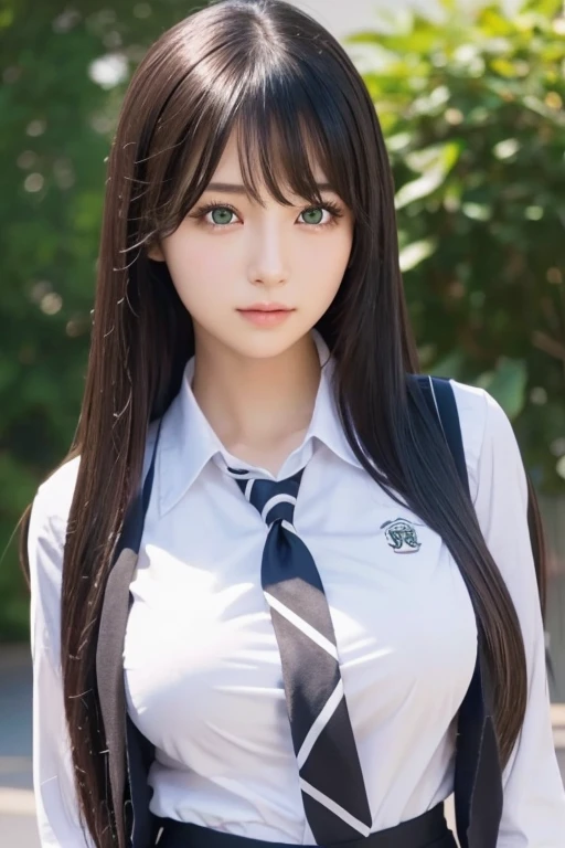 1girl, solo, long_hair, breasts, large_breasts, black_hair, school_uniform, green_eyes, screencap, stitched, mimikaki