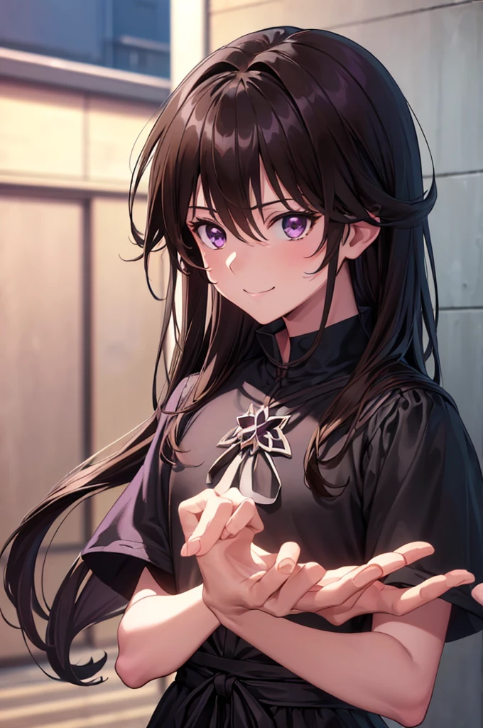 (masterpiece:1.3), (Highest quality:1.1), (8k, Super detailed, Ultra-high resolution:1.2), ((Anime Style)), Five perfect fingers, Perfect ???????, 
One Boy Black Clover Gauche,
Slightly longer hair,
Brown hair color Purple eyes,
Upper Body, 
Are standing, 
smile,