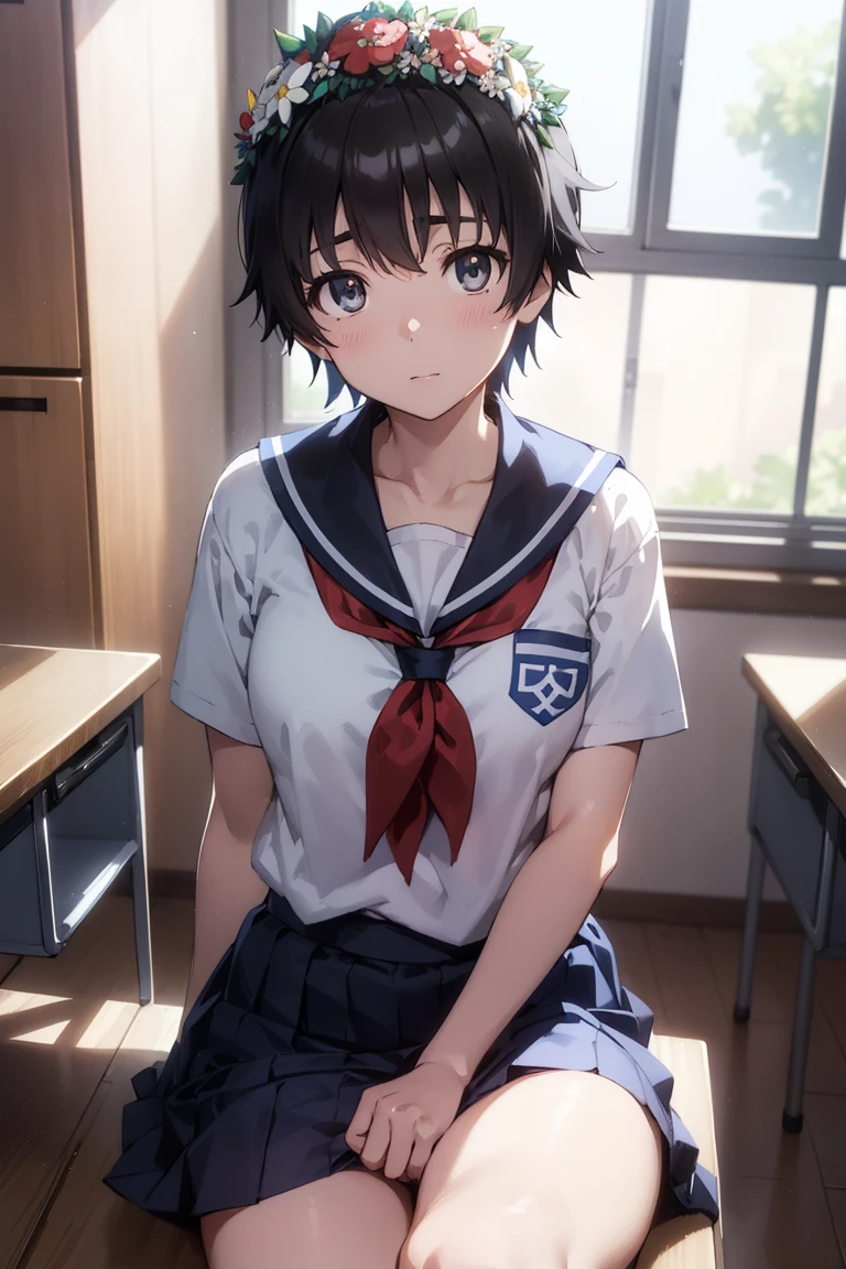 Kyoto Animation Style,In the style of Makoto Shinkai ,shiraikuroko, shiraikuroko, (black eye:1.5), Black Hair, flower, hair flower, hair ornaments, flower ring on head, short hair,
break armband, School uniforms are not distributed., , Seraphim, skirt, Summer clothes, neckerchief, red neckerchief, Blue sailor collar, Blue Card, Short sleeve,white lace flower decorative panties,White socks,
break looking at viewer,
break indoors, classroom,
break (masterpiece:1.2), Highest quality, High resolution, unity 8k wallpaper, (shape:0.8), (Fine and beautiful eyes:1.6), Highly detailed face, Perfect lighting, Highly detailed CG, (Perfect hands, Perfect Anatomy),Anime CG,