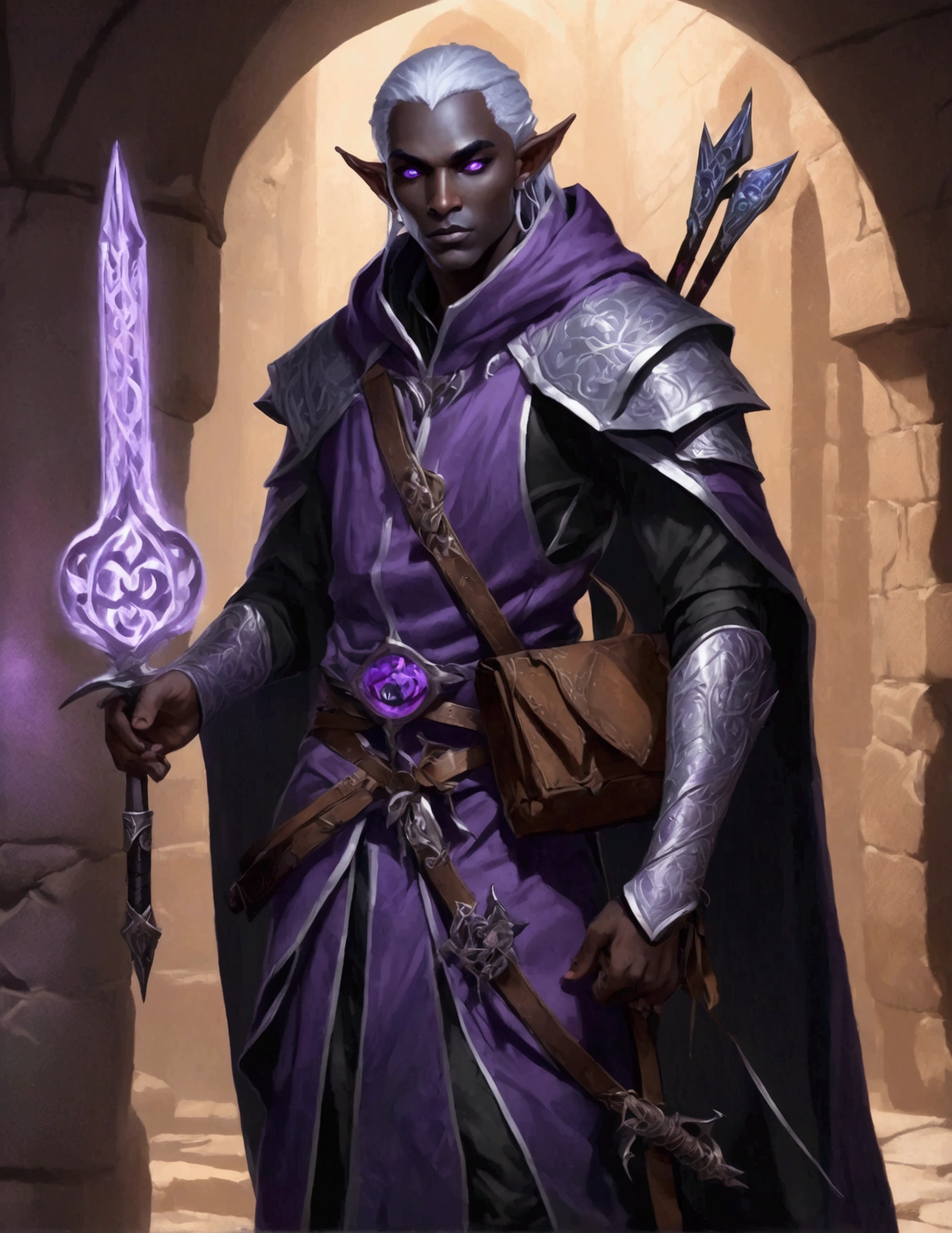 (Drow Elf Male)(Night black skin, evil wizards robes with intricate embroidery, adventuring sacks and pouches, violet eyes, silver hair, magical bag on hip, one handed crossbow, sword in scabbard) look of contempt on his face, posing in a dungeon, viewer is not a worthy foe