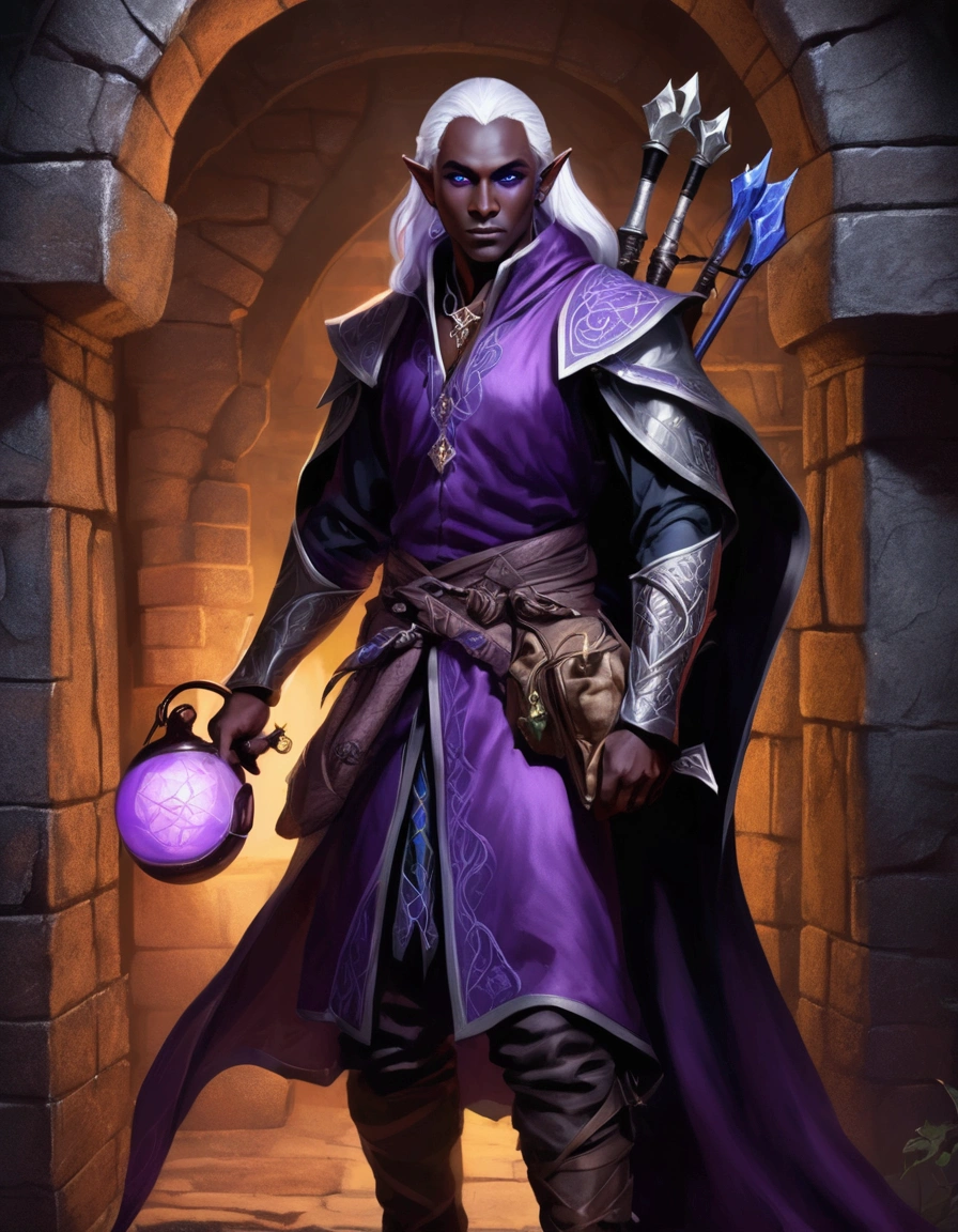 (Drow Elf Male)(Night black skin, evil wizards robes with intricate embroidery, adventuring sacks and pouches, violet eyes, silver hair, magical bag on hip, one handed crossbow, sword in scabbard) look of contempt on his face, posing in a dungeon, viewer is not a worthy foe