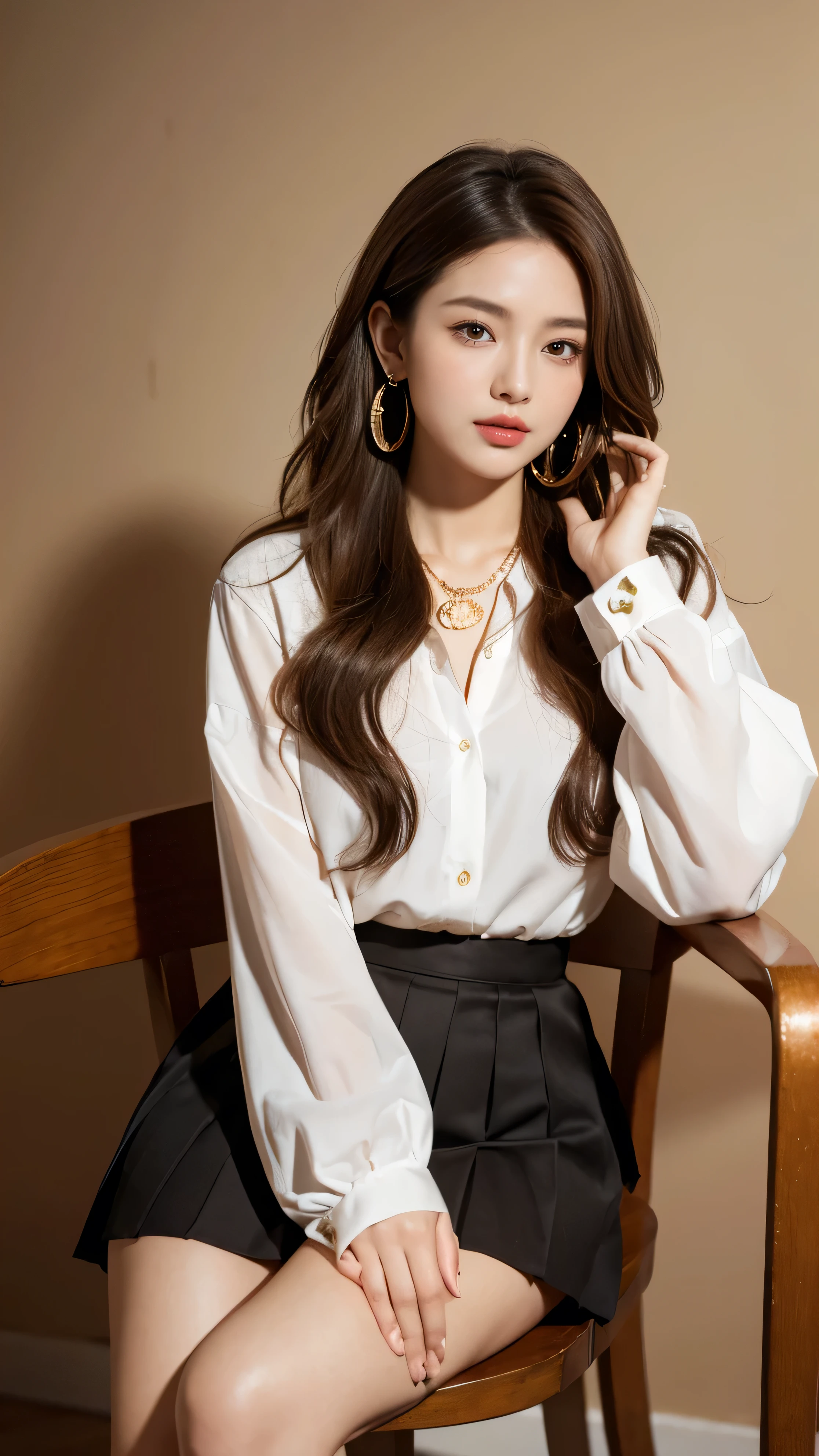 Highest quality,masterpiece,Ultra-high resolution,(Actual:1.4),Original photo,Ultra-high resolution,8k,There are women,Fair skin,Exquisite makeup,High heels,Long legs,Bright and beautiful woman、gold necklace_Large earrings、Super long brown hair,Hair with loose waves inside,reaching down to the waist,white long sleeve button up blouse_brown pleated mini skirt、Place your left hand gently on your chin、sitting on a chair