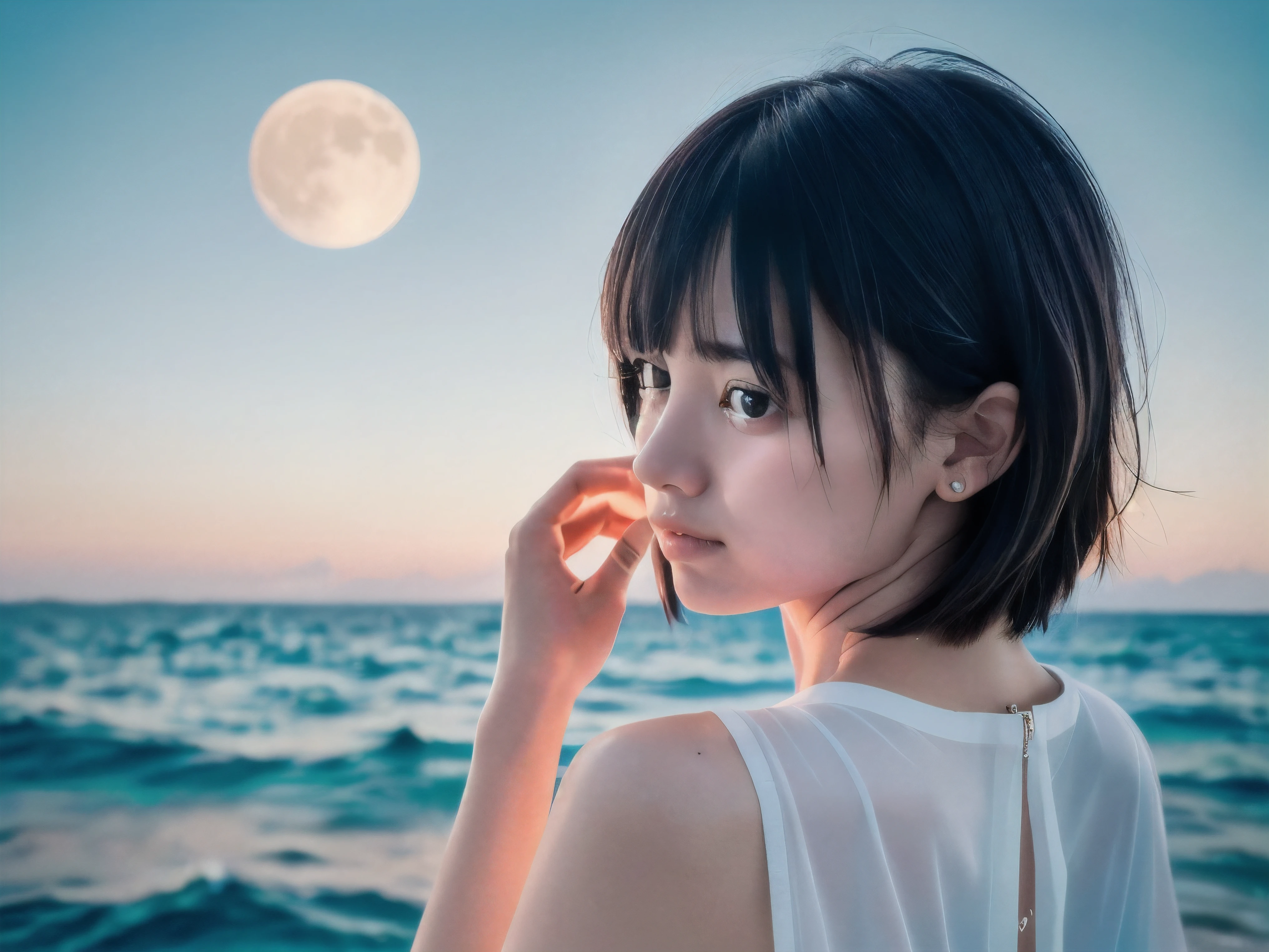 (Close up face shot of slender small-breasted two side up black medium hair with bangs girl wearing a white summer dress:1.5)、(One girl is looking back and big crying face with tears at the cape of the sea in Japan:1.5)、(Beautiful full moon night on the sea:1.5)、(blurred background:1.5)、(8k ultra detailed master piece:1.5)、(perfect ???????:1.5)、(Photorealistic stick:1.5)、(Raw photo:1.3)、(highest quality:1.5)、(High resolution:1.3)、(Delicate and beautiful perfect face:1.3)、(Delicate and beautiful eye air skin:1.3)、(Real Human Skin:1.3)、((thin legs))