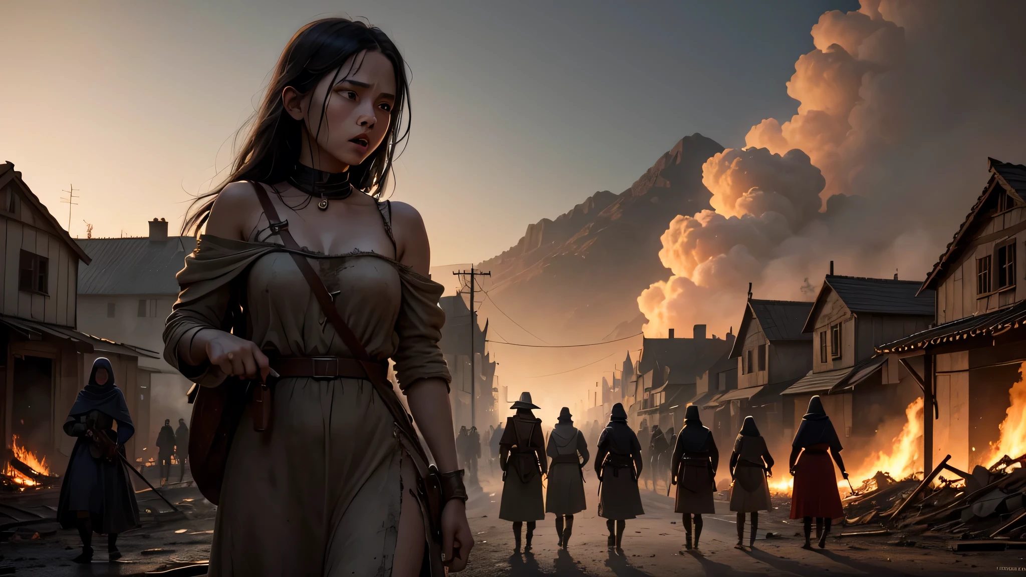The heart of the medieval town is now a scene of utter devastation. Corpses lie in the open, some still clutching weapons, others huddled together as if seeking protection in their final moments. Rebel soldiers, driven by a dark, savage glee, commit unspeakable acts of violence against the women they have captured. The women's screams pierce the night, mingling with the sobs of children and the shouts of fleeing villagers. Flames consume what remains of homes and shops, casting long shadows over the scene of despair and agony. The sky, once clear, is now choked with smoke, reflecting the hellish reality below."sexy