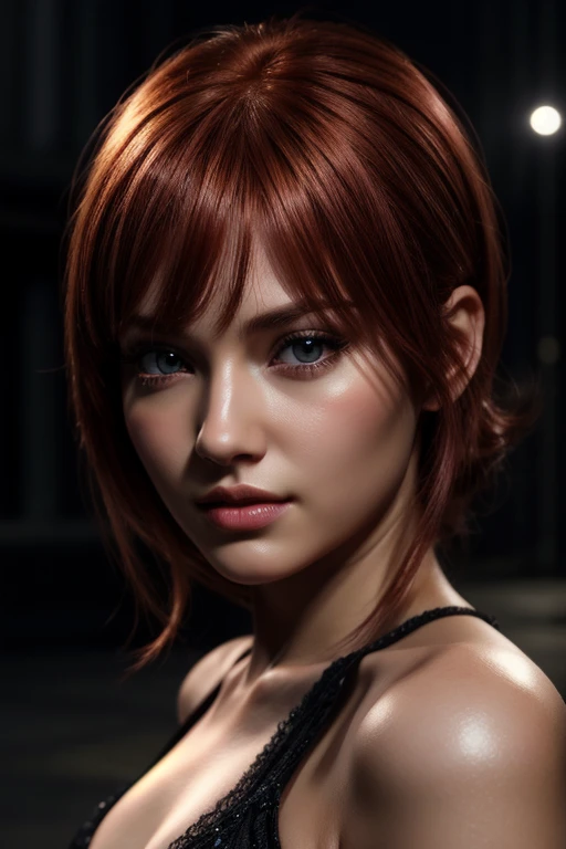 One girl, Star Eye, blush, Perfect lighting, Redhead, Red eyes, Unreal Engine, Side light, Detailed face, bangs, Light Skin, Simple Background, Night Background,