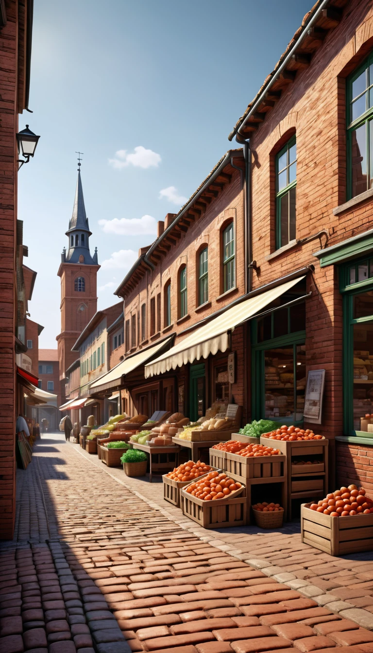 Small town market scenery shot from a low angle.Beautiful and extremely fine-textured red bricks in the foreground and town in the background，detailed, bright, High definition and high quality presentation((Masterpieces in up to 16K resolution):1.6),((soft_color_photography:)1.5), ((Super detailed):1.4),((Typical static images and dynamic angles):1.3), ( perfect anatomy )Complex patterns, soft shadows, highly detailed structures, digital art, high detail,