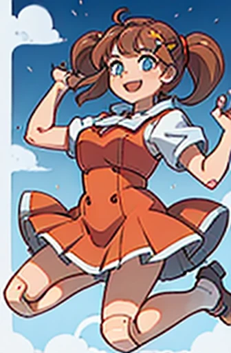 android, beautiful robot, short pigtails, brown hair, Hair tie with two big red clothespins, big smile, brown hair, middle age, joint seam, blue eyes, full body figure, Height: 160cm, Light beige micro mini one-piece dress, fluttering skirt, skirt folds, white retro swimwear, Uplifting, 2020s anime style, 21thcentury japan animation, show White pantie, strong wind is blowing.