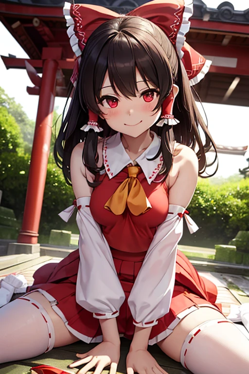 Reimu, Within the shrine grounds, Straddling a man's lower abdomen, Inserting the penis into the vaginal opening, Sperm drips from the vaginal opening, Small breasts, Spread your legs, naked, Removable sleeves, skirt, Open your mouth and stick out your tongue, smile