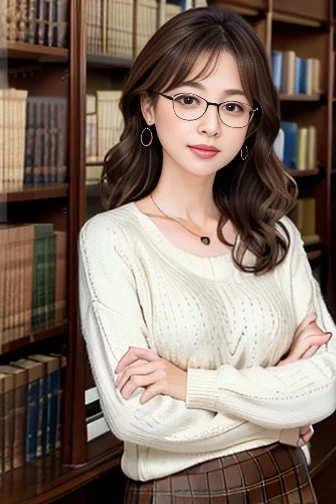   (8k, RAW photo, best quality, masterpiece), (photo realistic), outstanding details, ultra-high resolution, anatomically correct, textured skin, ((Extremely precise and accurate anatomy)),

A cute 28-year-old Japanese woman, librarian arranging books in the library, 

(fearless smile),  
(Downturned Eyes:1.2), (kind eyes:1.2) , kind Gaze, 
(low and small chignon:1.4), (Rimless round glasses), 

looking at viewer, 
pupils sparkling,  thin lips, Mouth slightly open, 
dark brown hair, Forehead, 
off-white simple summer sweater, simple cotton Light brown flared skirt, 
Earrings, Necklace, 

Full Shot, whole body, (height: 148cm), High heels Has two legs,Has two arms、Has two legs, You need two arms, 

(background Spacious library interior, bookshelves), 
(backlighting), 
reflection light from below, 
atmospheric perspective, depth of field, 
(dramatic lighting), cinematic lighting, 