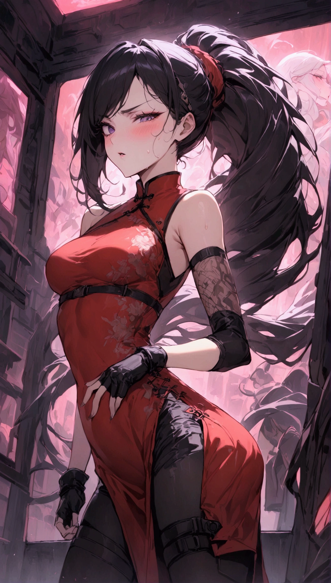 Dynamic composition,dutch angle,from side,{{masterpiece}}, {{{Highest quality}}},{{Very detailed}},{{Fight}},{{fighting stance:1.6}},{{critical situation:1.6}},{{hold down one's stomach with one's hands:1.6}},1girl,30years old,{Mature Woman}},cyberpunk,{{RED Chinese clothing:1.2}},Red sleeveless Chinese dress,pelvic curtain,black stockings,belt,black fingerless gloves,Lace arm covers,holster,{{Grit your teeth:1.4}},one eye closed, ,{{v-shaped eyebrows}},Bad mood,blush,Sweat,raise one's eyebrows ,{{View your viewers}}、Very long long hair in a ponytail.abdominal pain ,{{pain}},Inside the dojo,indoor