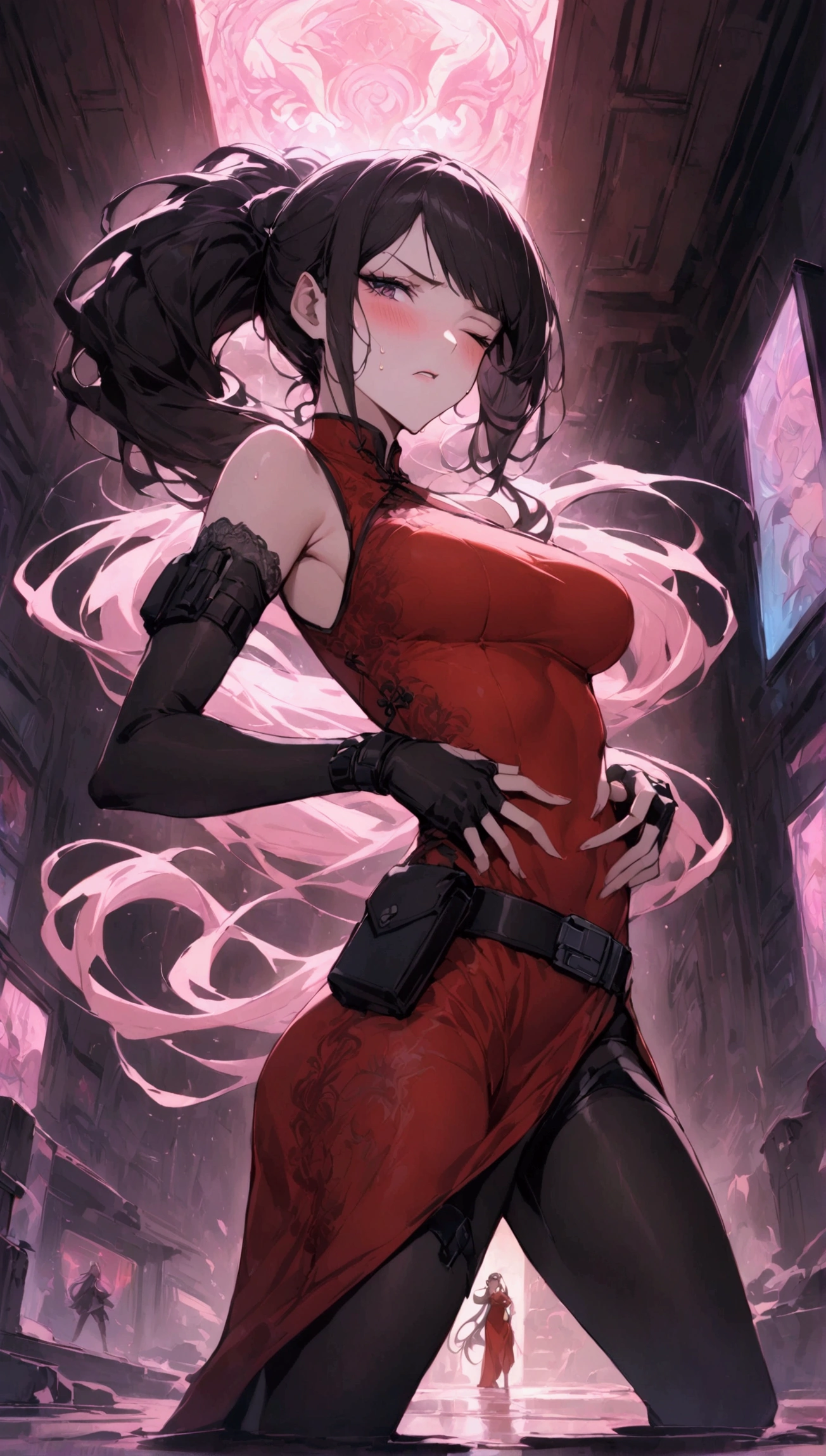 Dynamic composition,dutch angle,from side,{{masterpiece}}, {{{Highest quality}}},{{Very detailed}},{{Fight}},{{fighting stance:1.6}},{{critical situation:1.6}},{{hold down one's stomach with one's hands:1.6}},1girl,30years old,{Mature Woman}},cyberpunk,{{RED Chinese clothing:1.2}},Red sleeveless Chinese dress,pelvic curtain,black stockings,belt,black fingerless gloves,Lace arm covers,holster,{{Grit your teeth:1.4}},one eye closed, ,{{v-shaped eyebrows}},Bad mood,blush,Sweat,raise one's eyebrows ,{{View your viewers}}、Very long long hair in a ponytail.abdominal pain ,{{pain}},Inside the dojo,indoor