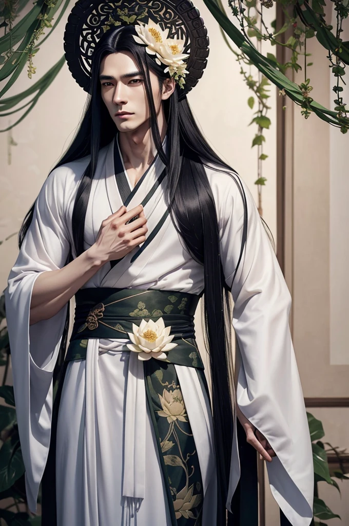 A plant god, male, beautiful, elegant, long silky black hair, tall, muscular, revealing loose hanfu, covered in flowers and vines, large lotus flower on head, manly, pale skin, delicate features, realism