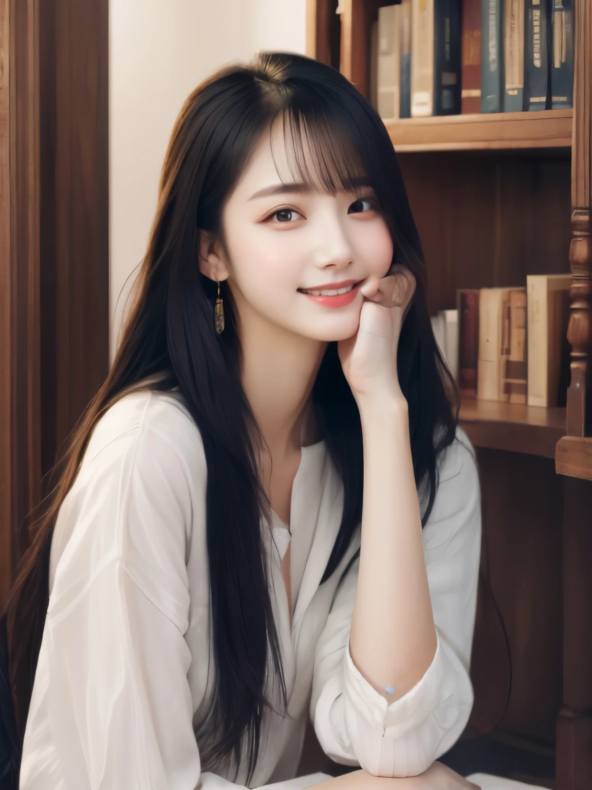 ((photorealistic:1.3)),((ultra detailed)),((sharp:1.5)),(portrait),(grin),1woman,28yo, solo, black hair, long hair, original, realistic, looking at viewer, upper body, shirt, white shirt,lips, brown hair, parted lips, photo-referenced, real life, simple background, no makeup, pink lips, blue background, grey background, looking to the side, lipstick, dress,shadow, parted bangs.((8K)),((upper body)),((slender)),wearing  white blausem, in a library,