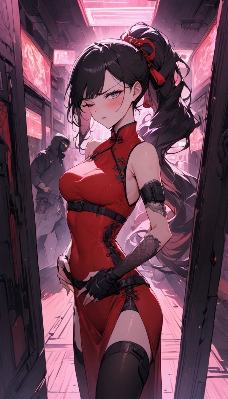 Dynamic composition,dutch angle,from side,{{masterpiece}}, {{{Highest quality}}},{{Very detailed}},{{Fight}},{{fighting stance:1.6}},{{critical situation:1.6}},{{hold down one's stomach with one's hands:1.6}},1girl,30years old,{Mature Woman}},cyberpunk,{{RED Chinese clothing:1.2}},Red sleeveless Chinese dress,pelvic curtain,black stockings,belt,black fingerless gloves,Lace arm covers,holster,{{Grit your teeth:1.4}},one eye closed, ,{{v-shaped eyebrows}},Bad mood,blush,Sweat,raise one's eyebrows ,{{View your viewers}}、Very long long hair in a ponytail.abdominal pain ,{{pain}},Inside the dojo,indoor