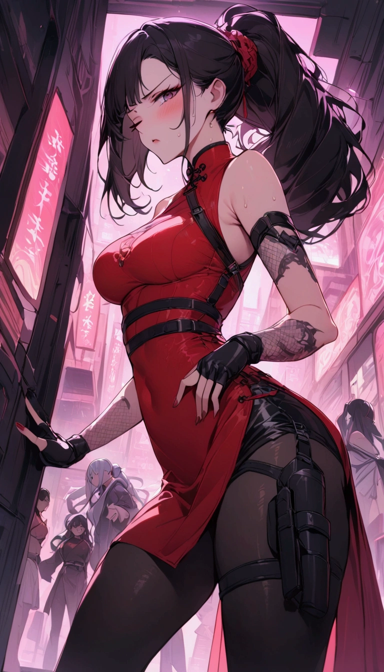Dynamic composition,dutch angle,from side,{{masterpiece}}, {{{Highest quality}}},{{Very detailed}},{{Fight}},{{fighting stance:1.6}},{{critical situation:1.6}},{{hold down one's stomach with one's hands:1.6}},1girl,30years old,{Mature Woman}},cyberpunk,{{RED Chinese clothing:1.2}},Red sleeveless Chinese dress,pelvic curtain,black stockings,belt,black fingerless gloves,Lace arm covers,holster,{{Grit your teeth:1.4}},one eye closed, ,{{v-shaped eyebrows}},Bad mood,blush,Sweat,raise one's eyebrows ,{{View your viewers}}、Very long long hair in a ponytail.abdominal pain ,{{pain}},Inside the dojo,indoor