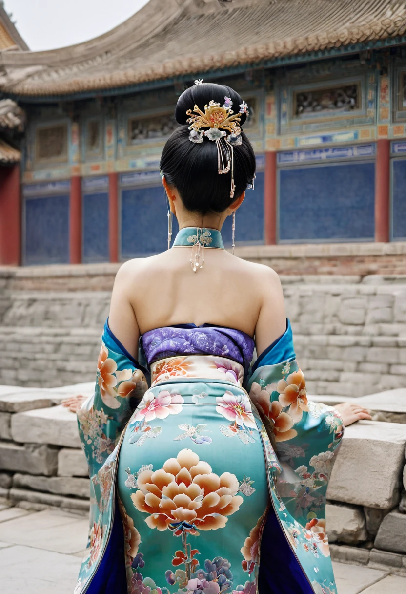 
The image of a Qing Dynasty Empress with her bare buttocks visible. The background is the stone paving outside a Chinese palace during the Qing Dynasty. Only her large buttocks are sticking out. She is either wearing underwear or not. Her protruding buttocks are floating up in the air.　　　　　　　　　　　　　　　　　　　　　　　　　　　　　　
Her hair is decorated with a large flower ornament and a large crown.　
The back of the hair is tied up and up.　Erotic Woman