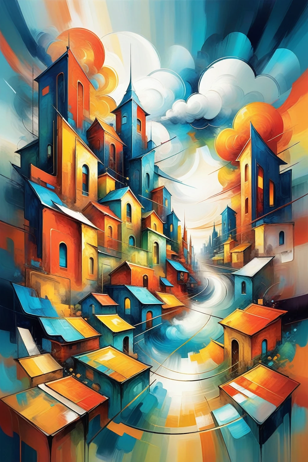 d3qck art style,oil and watercolor painting,
8k,highy detailed,Living,amazing fantasy cloud city at the beginning of time,
This work of art blurs the lines between realism:1.1 and abstraction:1.1,transforming geometric shapes:1.1 in a surreal and paradoxical landscape:1.2,