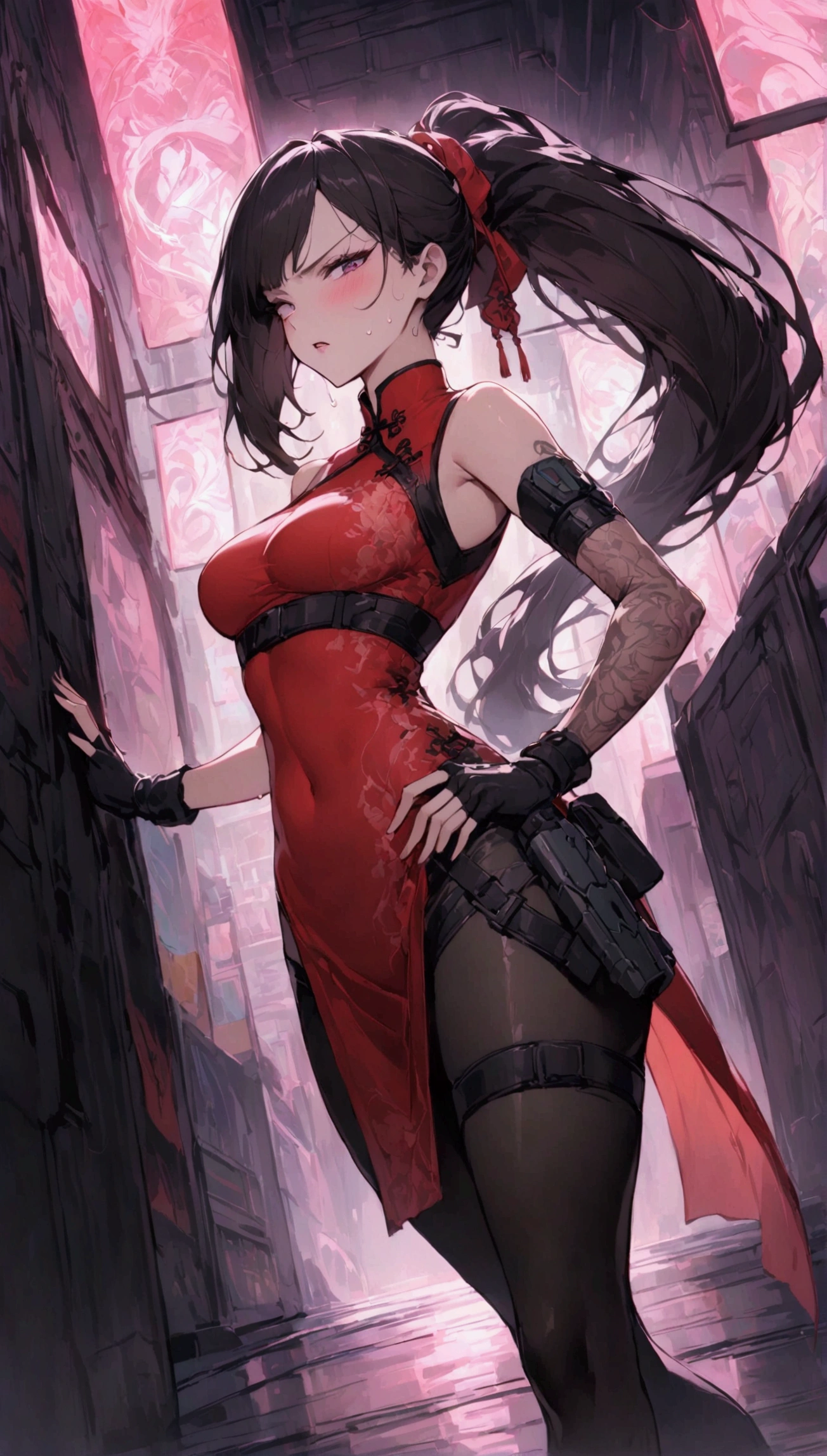 Dynamic composition,dutch angle,from side,{{masterpiece}}, {{{Highest quality}}},{{Very detailed}},{{Fight}},{{fighting stance:1.6}},{{critical situation:1.6}},{{hold down one's stomach with one's hands:1.6}},1girl,30years old,{Mature Woman}},cyberpunk,{{RED　Chinese clothing:1.2}},Red　sleeveless Chinese dress,pelvic curtain,black stockings,belt,black fingerless gloves,Lace arm covers,holster,{{Grit your teeth:1.4}},one eye closed,　,{{v-shaped eyebrows}},Bad mood,blush,Sweat,raise one's eyebrows　,{{View your viewers}}、Very long long hair in a ponytail．abdominal pain ,{{pain}},Inside the dojo,indoor