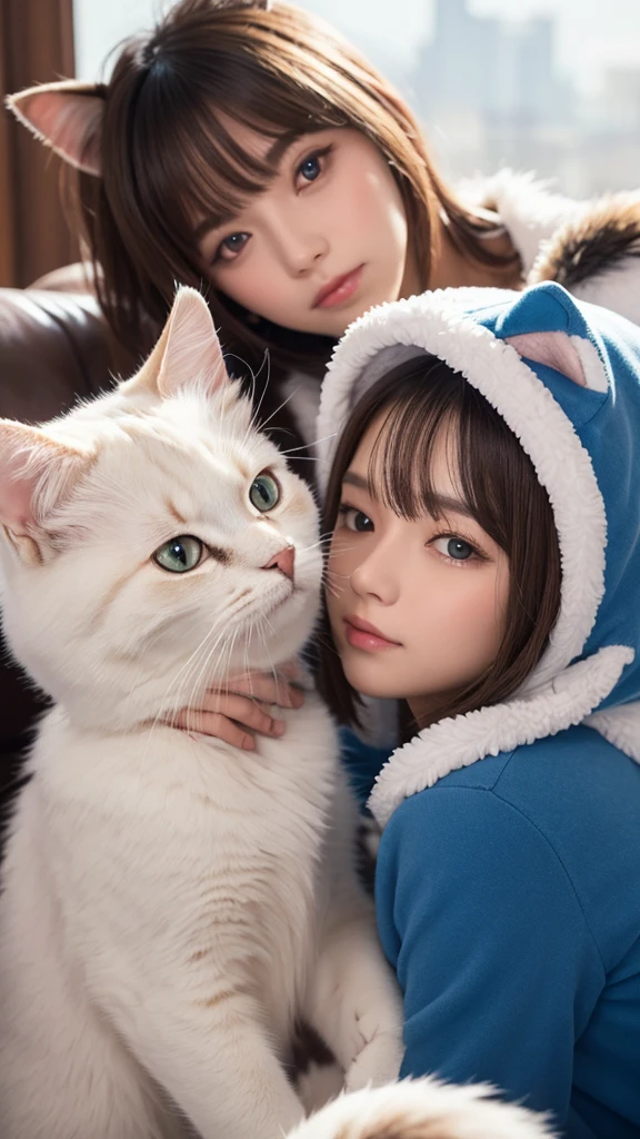3 heads and bodies,cat wearing a hood, Ultra Detailed, Pretty and beautiful cat,  masterpiece, best quality, Calming color palette, peaceful mood, a cat,real,White fluff，Fluffy white ears white tail，blush blush，HD Wallpapers，16k resolution，Deep, powerful blue eyes，fluffy tail，Plush body，paw,furry,