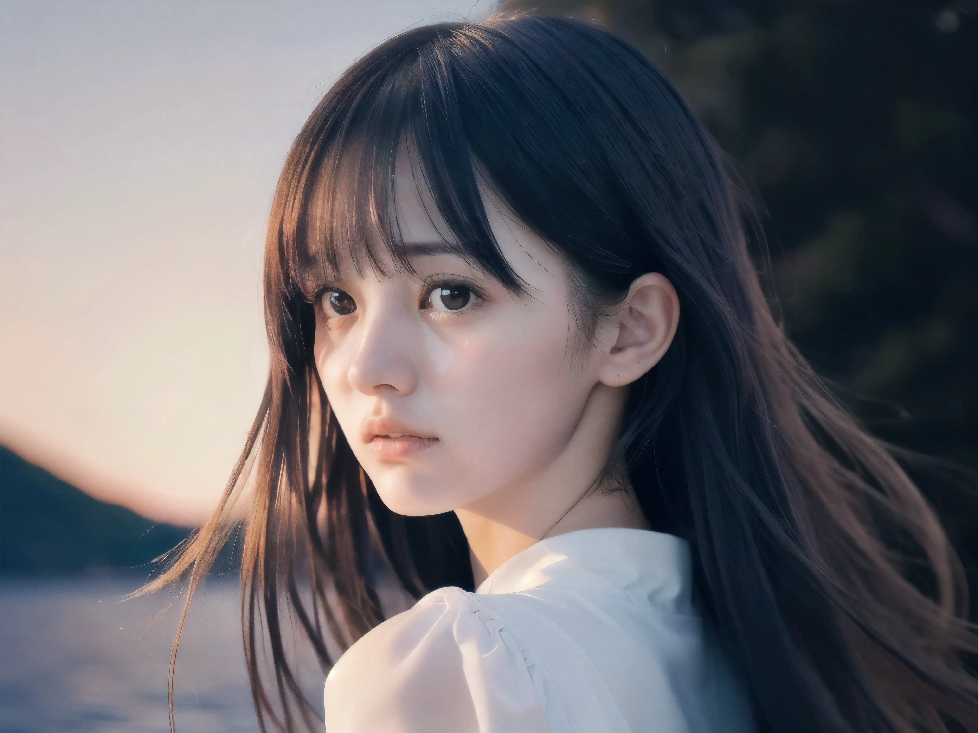 (Close up face shot of slender small-breasted two side up black medium hair with bangs girl wearing a white summer dress:1.5)、(One girl is looking back and big crying face with tears at the cape of the sea in Japan:1.5)、(Beautiful full moon night on the sea:1.5)、(blurred background:1.5)、(8k ultra detailed master piece:1.5)、(perfect anatomy:1.5)、(Photorealistic stick:1.5)、(Raw photo:1.3)、(highest quality:1.5)、(High resolution:1.3)、(Delicate and beautiful perfect face:1.3)、(Delicate and beautiful eye air skin:1.3)、(Real Human Skin:1.3)、((thin legs))