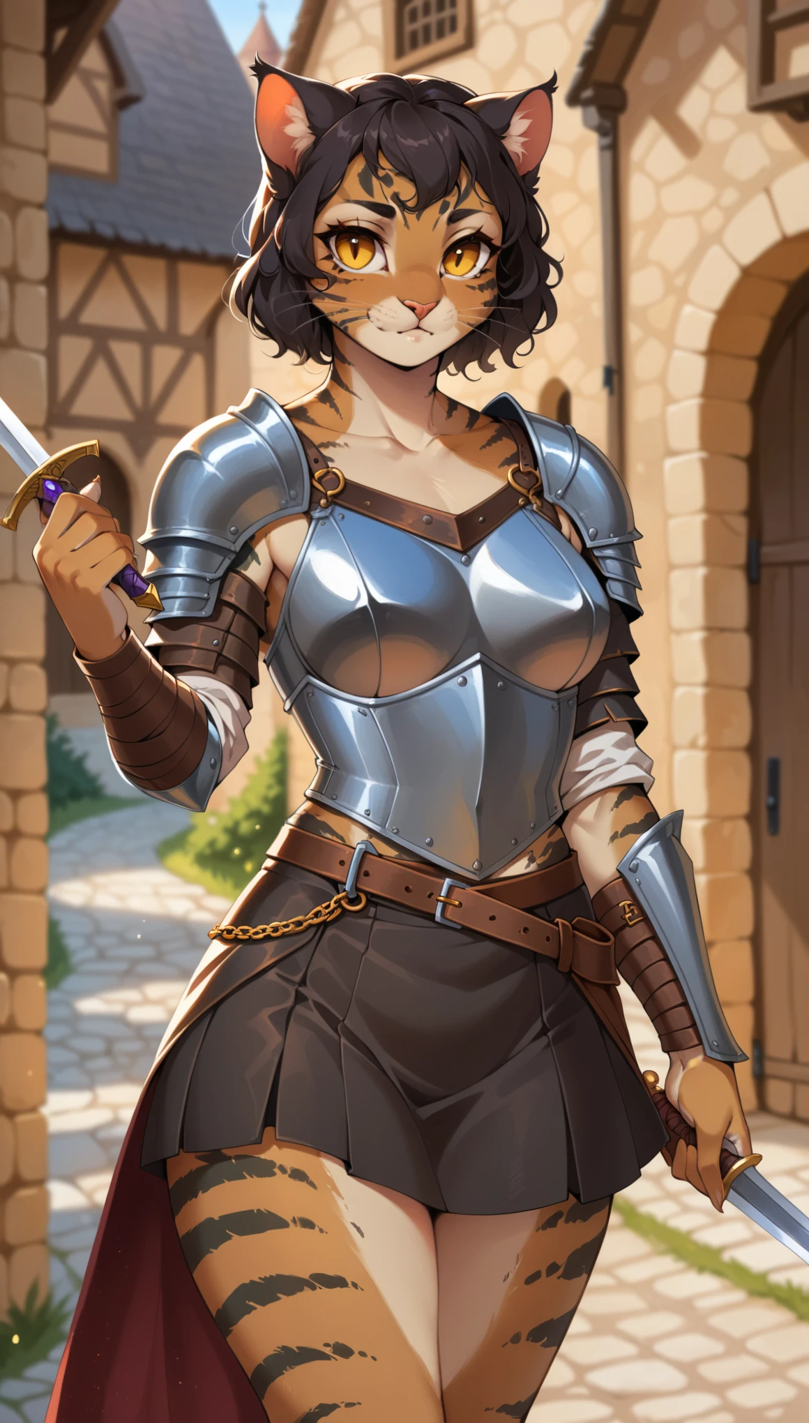 Mammal, Top quality, masterpiece, high resolution, 1girl, hi res, absurd res, khajiit, catfolk, female, curvy, black wavy hair, short half-size haircut, solo, medieval top leather armor, medieval leather stripes skirt, medium breasts, beautiful hips, holding object, sword, cute hands, detailed hands, show 