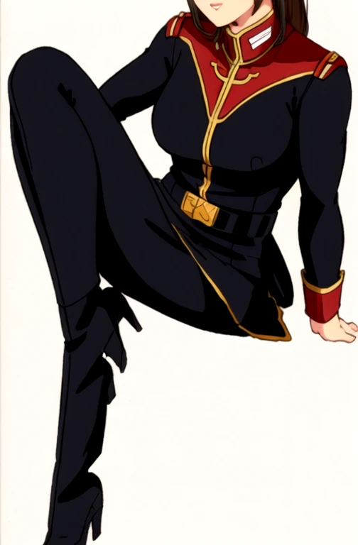 Very detailed, Explicit, Beautiful body, Beautiful Nose, Beautiful character design, Perfect Eyes, Perfect Face, Ultra-high resolution, 4K, Beautiful feet, Perfect Legs, Nice hands, Perfect hands, masterpiece, Highest quality, Very detailed, figure, Absurd, Perfect Anatomy,,black and red jacket,uniform,Long sleeve, belt,Black Skirt, White Pantyhose, Black footwear,High heel boots,Titans uniform, Titan Suit,Combat Stance, Extend your right arm from your shoulder、Stretch your hands out into the air,