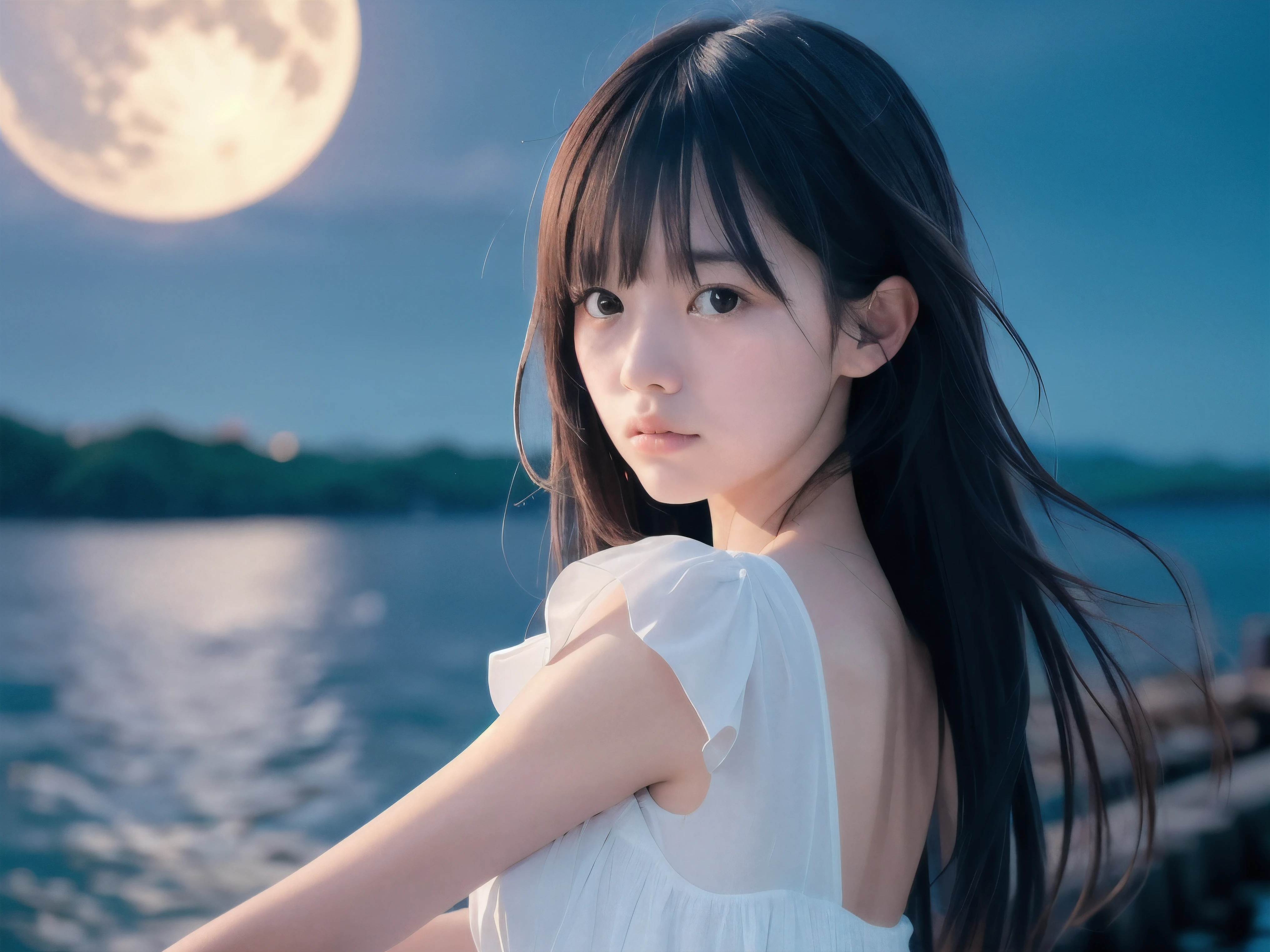 (Close up face shot of slender small-breasted two side up black medium hair with bangs girl wearing a white summer dress:1.5)、(One girl is looking back and crying face with tears at the cape of the sea in Japan:1.5)、(Beautiful full moon night on the sea:1.5)、(blurred background:1.5)、(8k ultra detailed master piece:1.5)、(perfect anatomy:1.5)、(Photorealistic stick:1.5)、(Raw photo:1.3)、(highest quality:1.5)、(High resolution:1.3)、(Delicate and beautiful perfect face:1.3)、(Delicate and beautiful eye air skin:1.3)、(Real Human Skin:1.3)、((thin legs))