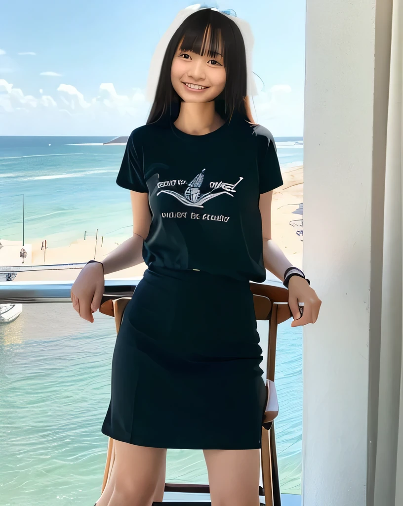 Super detailed,Highest quality,1 high school girl,,sitting in a seaside cafe,Sitting in a chair,She is wearing a black T-shirt and a mini skirt.,I can see the ocean in the distance,There is a coffee cup on the table in the cafe,Illuminated by the summer sun,Daytime sunlight,You can see the blue sky and the sea,Bracelet on arm,pink nail polish on fingers,Sitting with legs crossed,Wearing mules,Distant scenery is blurry