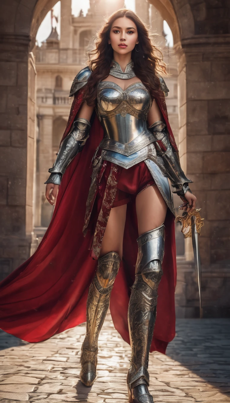 Highest quality, Realistic, photoRealistic, Award-winning photography, (Intricate details, royal palace: 1.2), (Subtle details), (Intricate details), (Cinematic Light, Super sexy long hair woman, knight, , huge bouncing chests, sexy long legs, dynamic sexy pose, knightの正装, Colorful and intricately constructed armor, knight, leg armor, Red Cape, Upper body close-up),