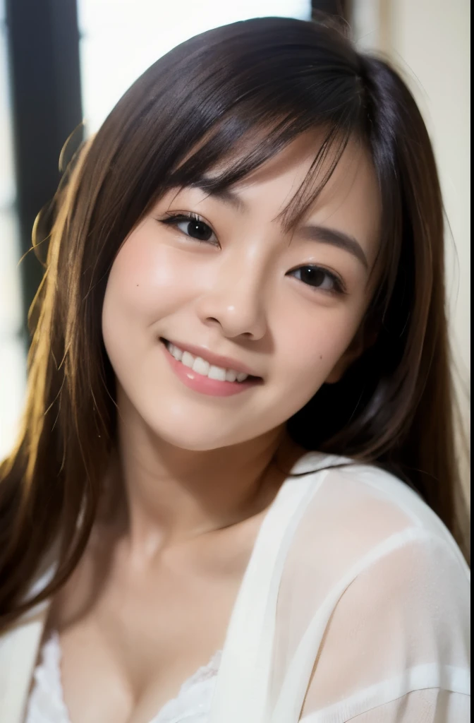 best quality, face focus, soft light, ultra high res, (photorealistic:1.4), RAW photo,(Shinozaki Ai),
1japanese girl, solo, cute, kawaii, smile, (pupil, lights in the eyes), detailed beautiful face, (busty),(high resolution detail of human skin texture),(long hair),(portrait), chest up, white traditional kimono, in the bedroom,