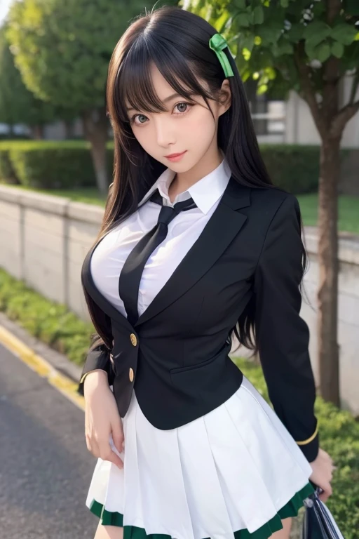 1girl, solo, long_hair, breasts, large_breasts, black_hair, school_uniform, green_eyes, screencap, stitched, mimikaki