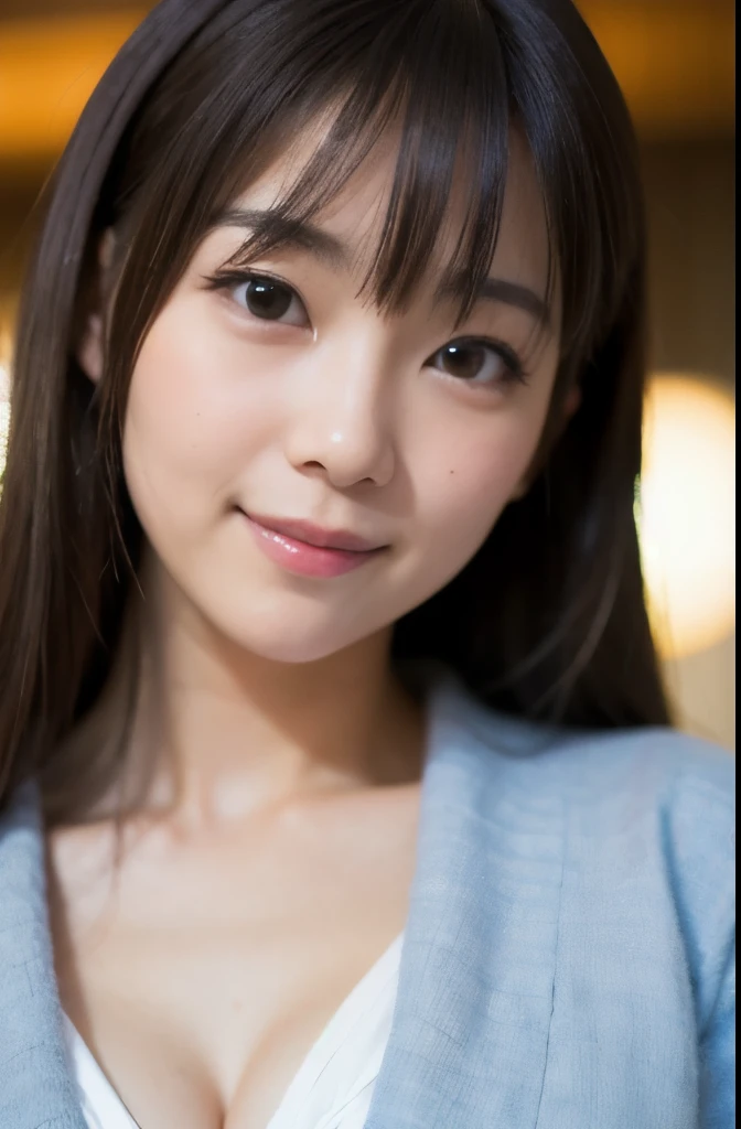 best quality, face focus, soft light, ultra high res, (photorealistic:1.4), RAW photo,(Shinozaki Ai),
1japanese girl, solo, cute, kawaii, smile, (pupil, lights in the eyes),  detailed beautiful face, (busty),(high resolution detail of human skin texture),(long hair),(portrait), chest up, white traditional kimono, in the bedroom,