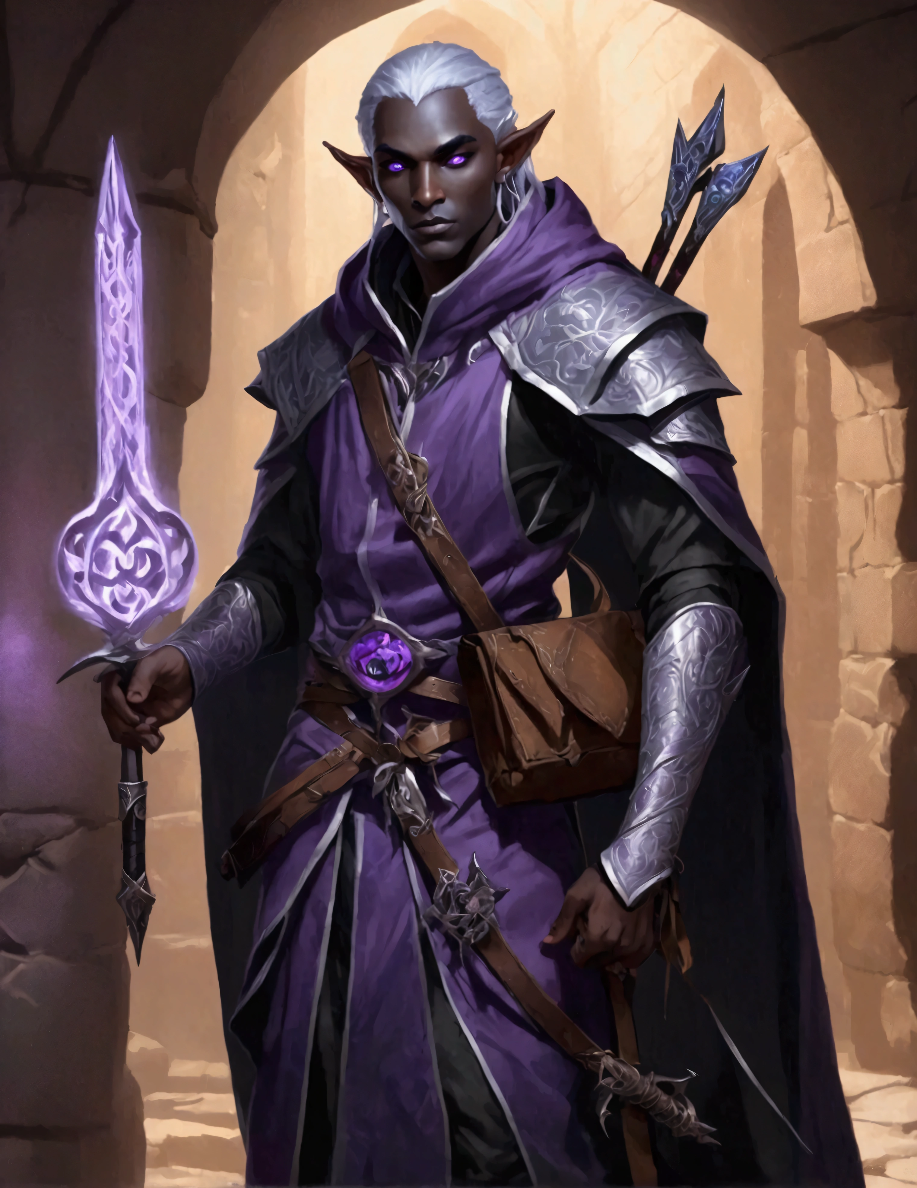 (Drow Elf Male)(Night black skin, evil wizards robes with intricate embroidery, adventuring sacks and pouches, violet eyes, silver hair, magical bag on hip, one handed crossbow, sword in scabbard) look of contempt on his face, posing in a dungeon, viewer is not a worthy foe