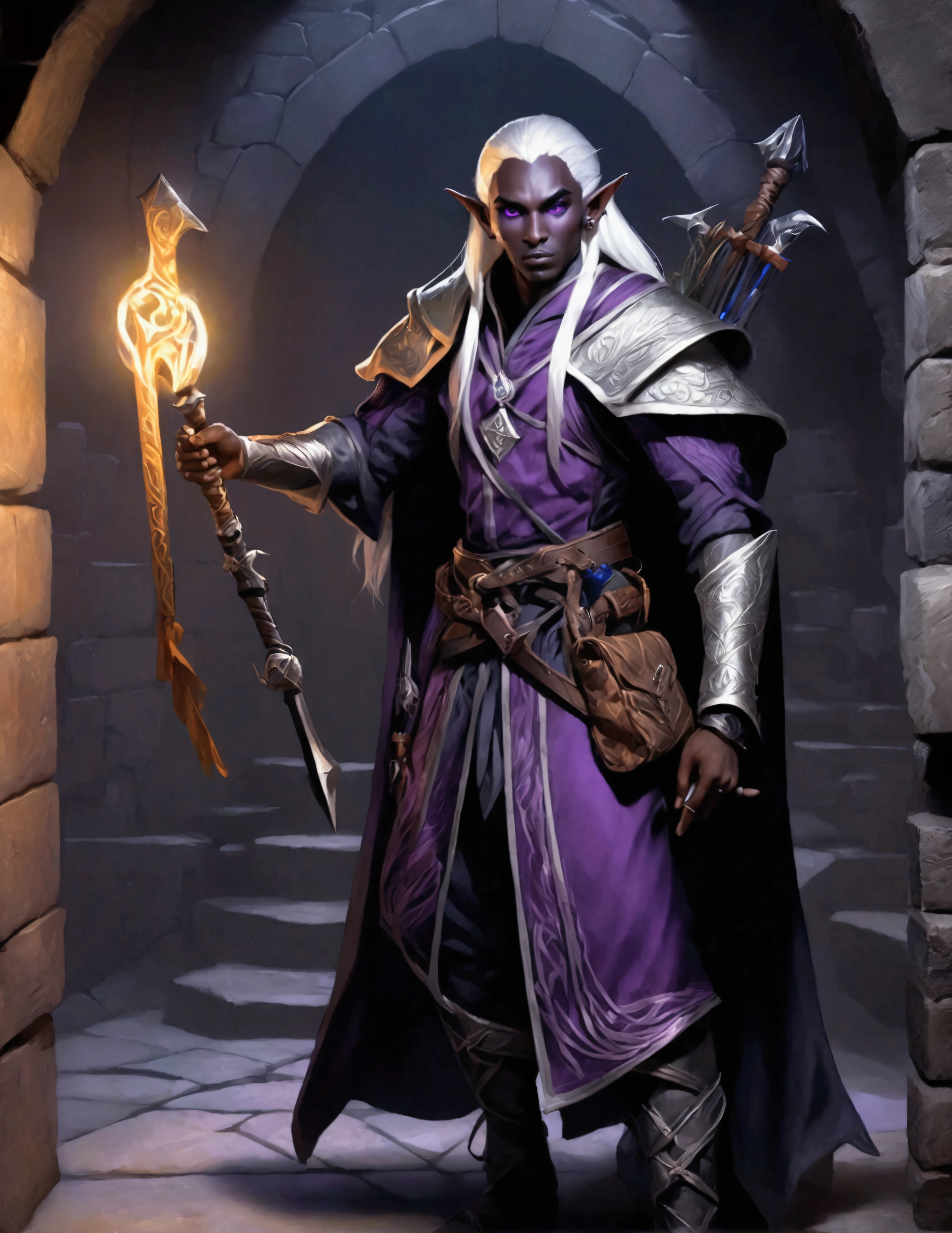 (Drow Elf Male)(Night black skin, evil wizards robes with intricate embroidery, adventuring sacks and pouches, violet eyes, silver hair, magical bag on hip, one handed crossbow, sword in scabbard) look of contempt on his face, posing in a dungeon, viewer is not a worthy foe
