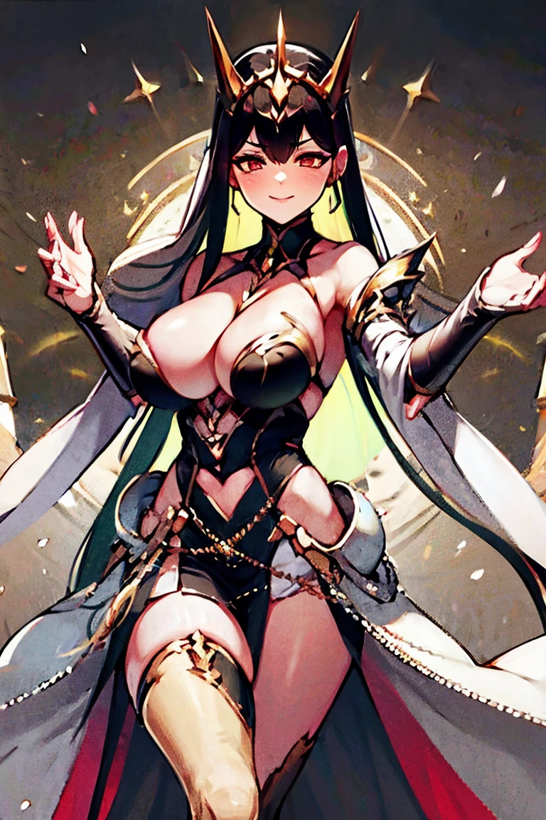 black hair, bare shoulder, red eyes, very long hair, cleavage, large breasts, dress, showgirl skirt, high-leg, cleavage cutout, tiara, bare thighs, gauntlets, bare shoulder, perfect hands, perfect fingers, accurate hands and fingers, 5 fingers, adult face, fearless face,