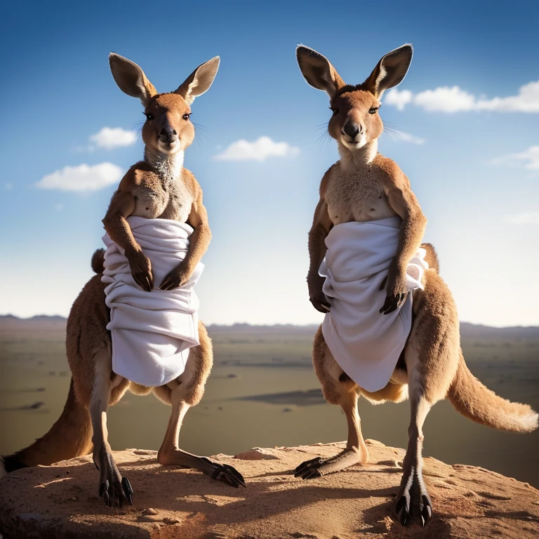 there are two kangaroos standing on a rock with a towel on their backs, spy kangaroo, kangaroos, subject: kangaroo, subject : kangaroo, in the australian outback, in the australian desert, australian, kangaroo, in australia, australia, australian outback, shutterstock, australian desert, pete davidson walking a kangaroo, on a hot australian day, the australian desert