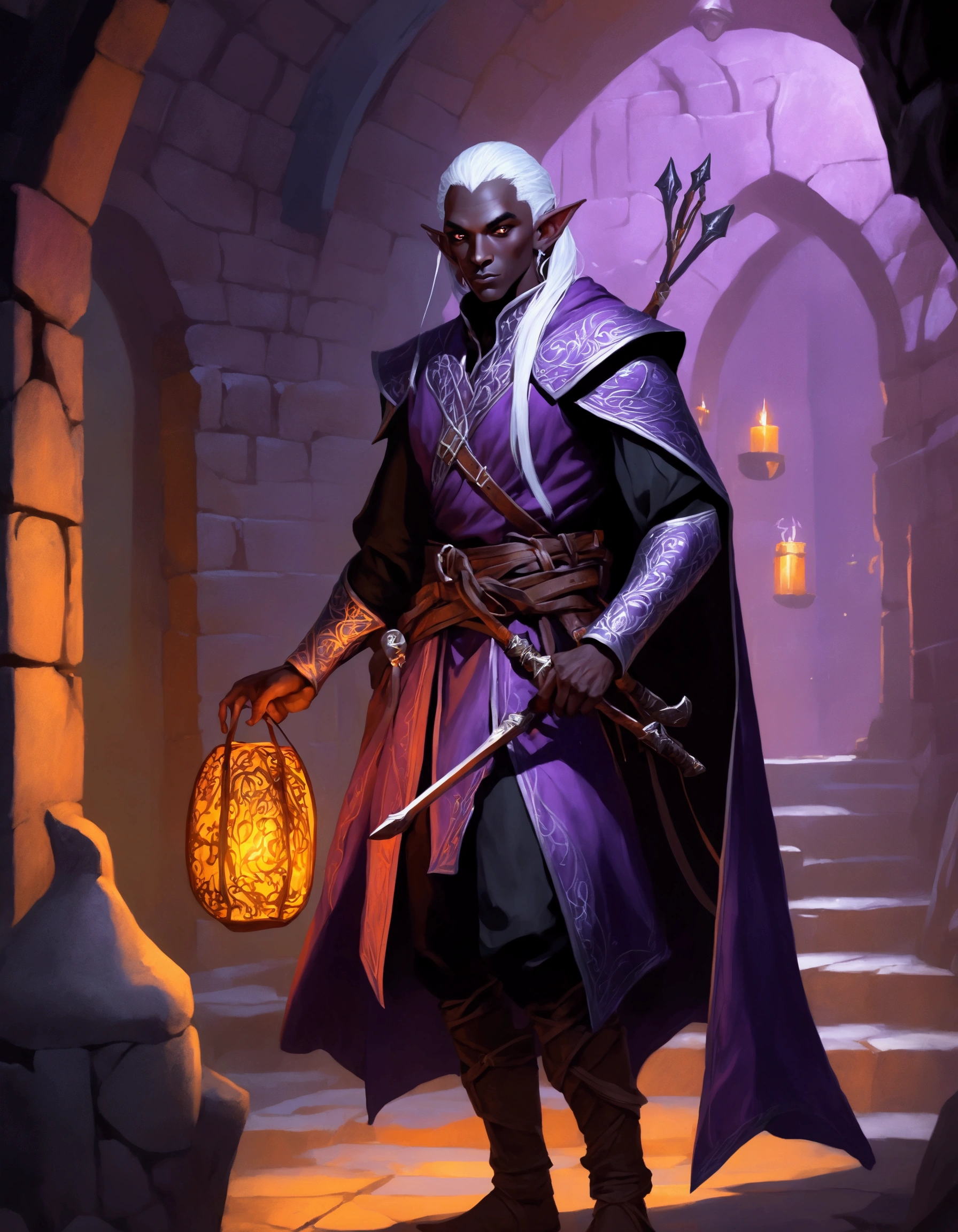 (Drow Elf Male)(Night black skin, evil wizards robes with intricate embroidery, adventuring sacks and pouches, violet eyes, silver hair, magical bag on hip, one handed crossbow, sword in scabbard) look of contempt on his face, posing in a dungeon, viewer is not a worthy foe
