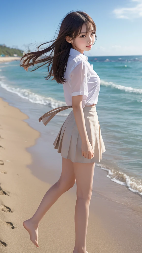 Cute Girls､high school girl､Idol､uniform､mini skirt､See-through､Fluttering in the wind､Ocean､Sandy Beach