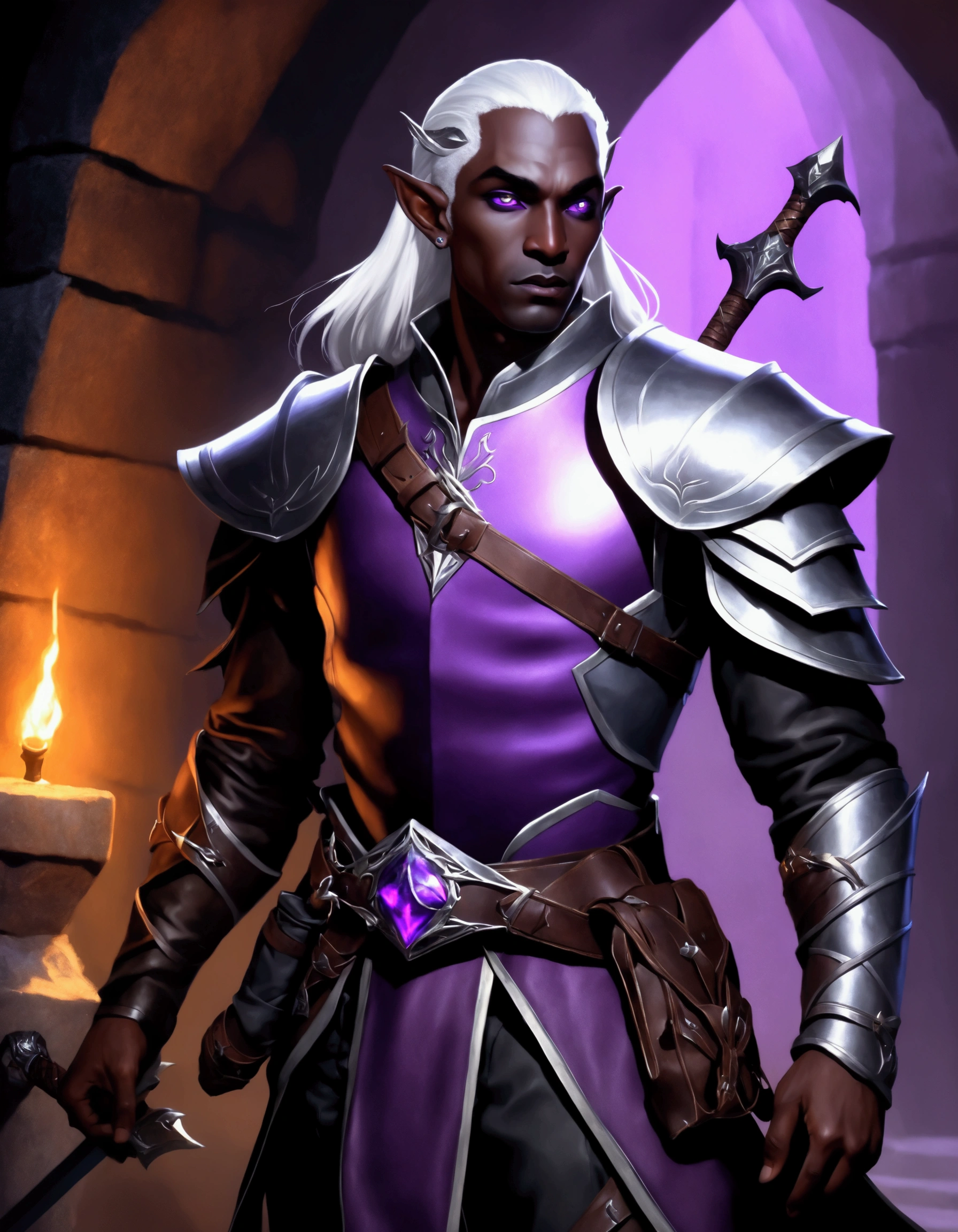 (Drow Elf Male)(Night black skin, dark leather armor, adventuring sacks and pouches, violet eyes, silver hair, magical bag on hip, one handed bow, sword in scabbard) look of contempt on his face, posing in a dungeon, viewer is not a worthy foe

