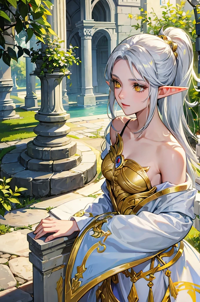 a beautiful elf with silver hair, yellow eyes, Elf&#39;s ears, White skin, big bust, sensual, glaring at you (to throw)